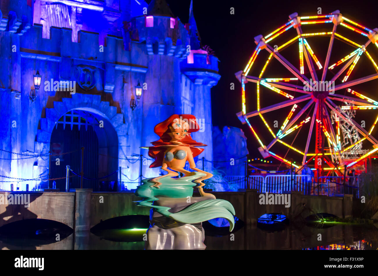 Dismaland bemusement park castle lit up during closing party at Banksy's Dismaland Stock Photo