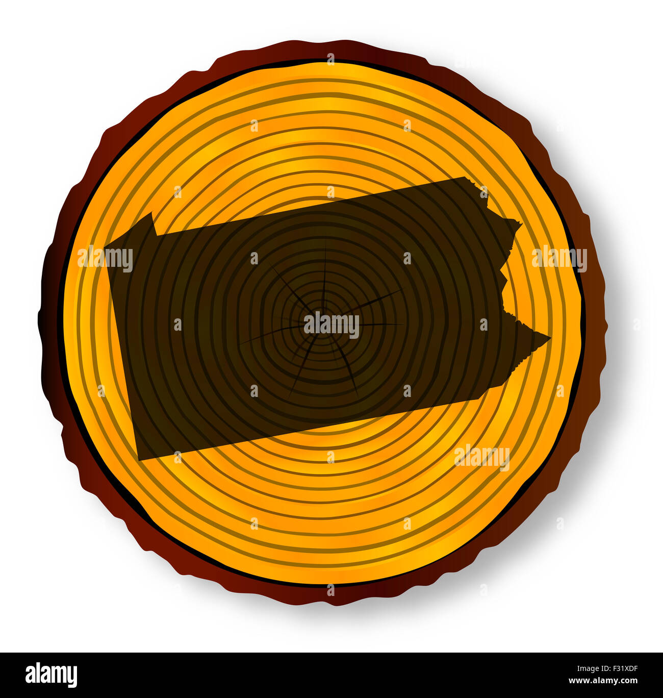 Map of Pennsylvania on a timber end section over a white background