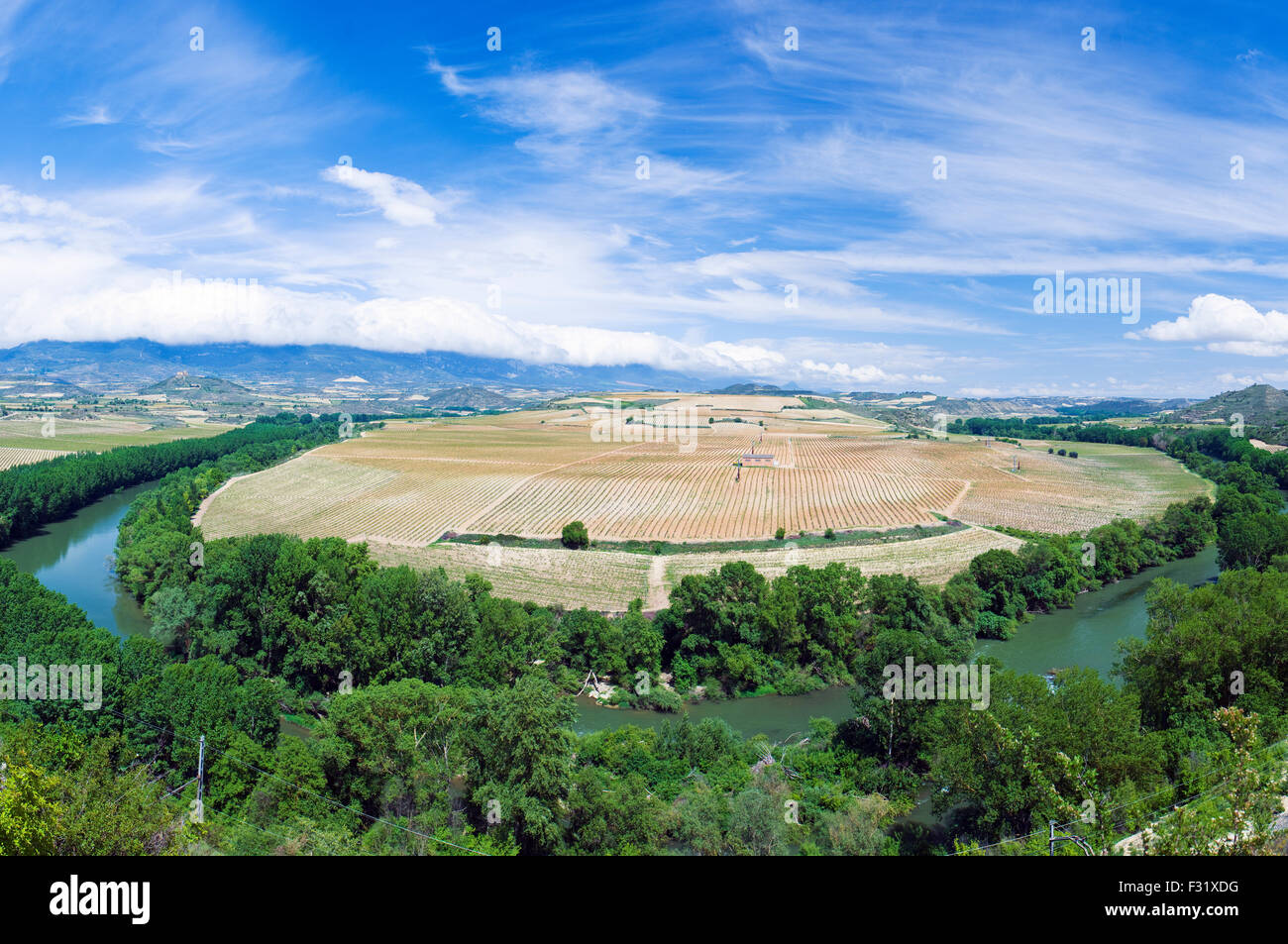 Vneyards and countryside overlooking the Rio Ebro in Rioja, Spain Stock Photo