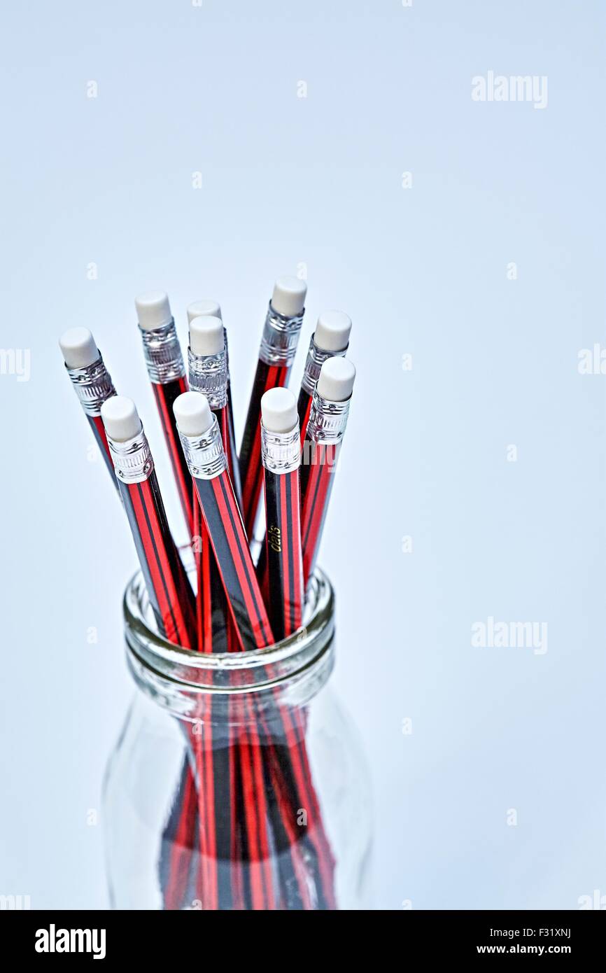 Ten Wooden Pencils Eraser Jar Stock Photo Alamy