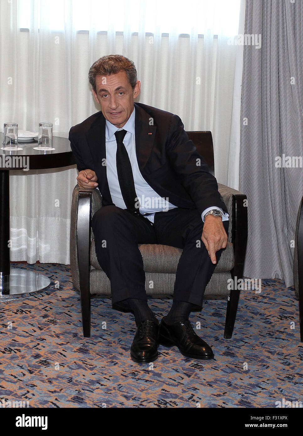Barcelona, Spain. 25th Sep, 2015. BARCELONA, SPAIN - SEPTEMBER 25: Former French President Nicolas Sarkozy shake hands prior to an electoral meeting in Barcelona, Spain, Friday, Sept. 25, 2015. Catalans vote Sunday in regional parliamentary elections that the breakaway camp hopes will give them a mandate to put their region on a path toward independence a goal the Madrid central government says would be illegal on September 25, 2015 in Barcelona, Spain. Photo by Elkin Cabarcas/picture alliance © dpa/Alamy Live News Stock Photo