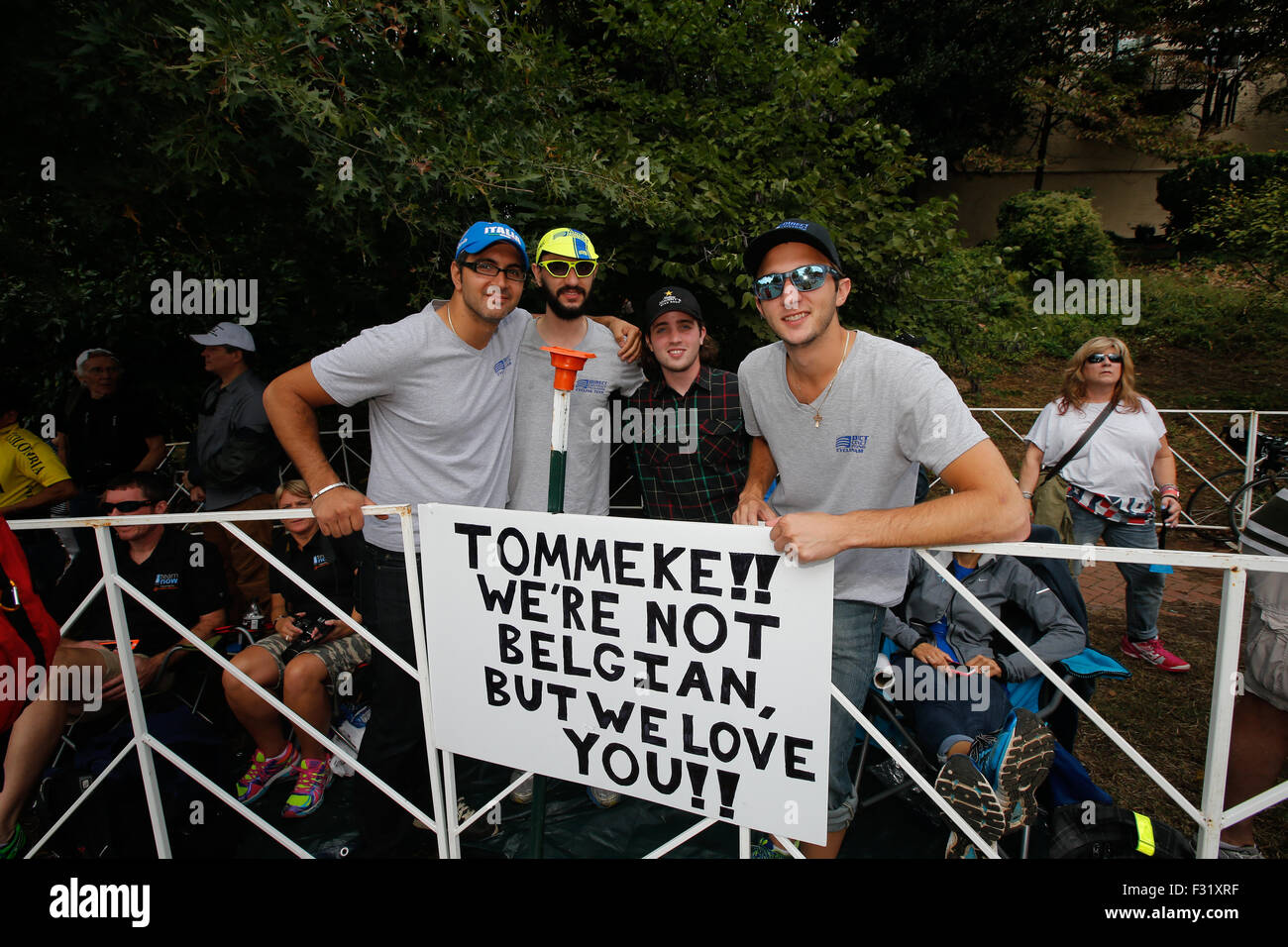 RICHMOND, VIRGINIA, 27 Sept., 2015. Eric Mikos, Christian Mambelli, Jared Mazur, and Cameron Pinto travelled from their homes in New Jersey to Libby Hill Park in Richmond, Virginia to support Belgian cycling superstar Tom Boonen. Credit:  Ironstring/Alamy Live News Stock Photo