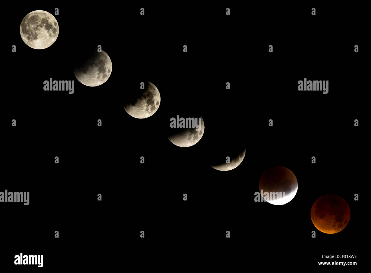 England, UK. 27th September, 2015. Lunar eclipse called bloodmoon showing the phases of eclipse  Credit:Andy Myatt/Alamy Live News Stock Photo
