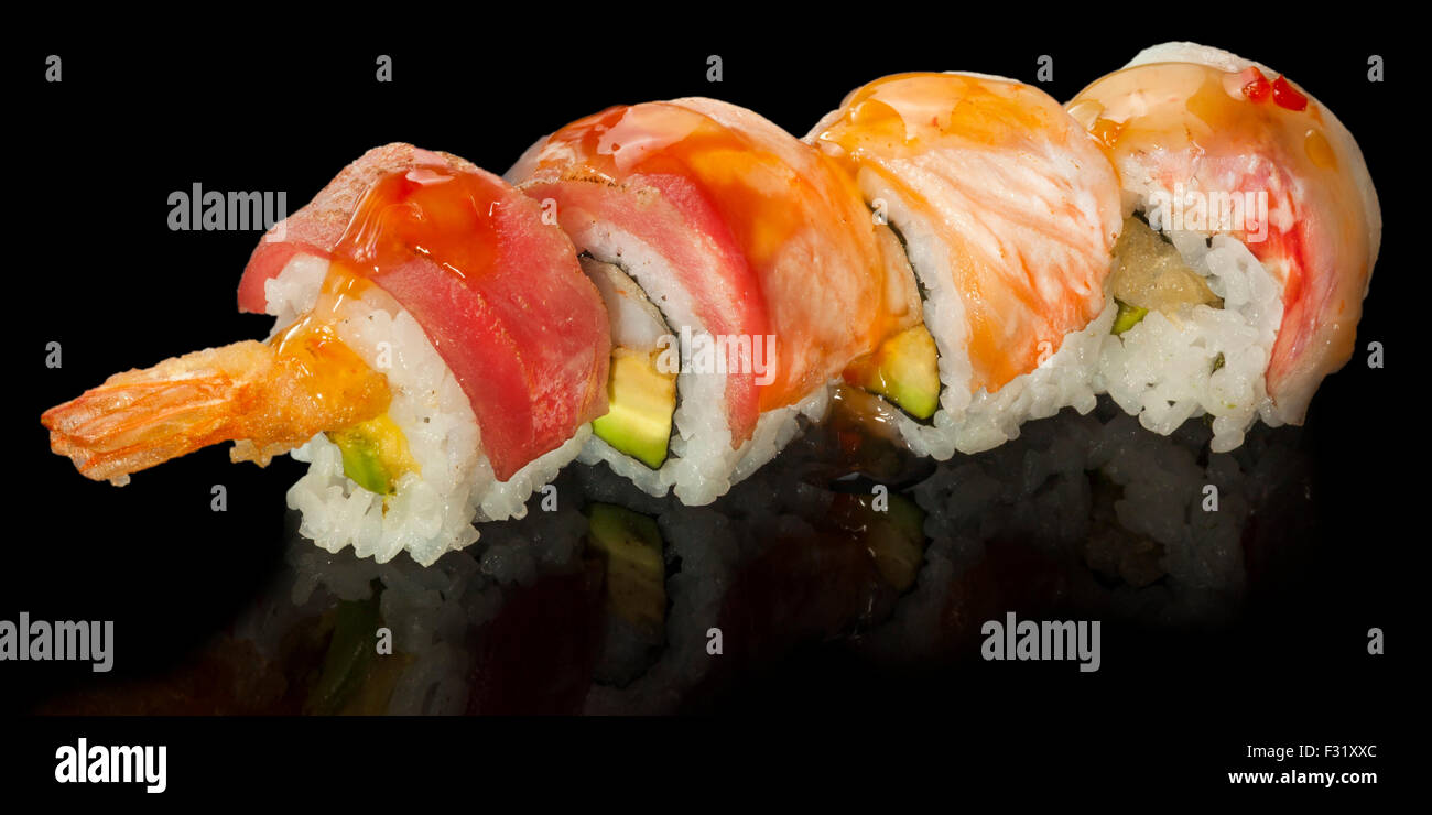 Red Dragon sushi roll with salmon and avocado Stock Photo
