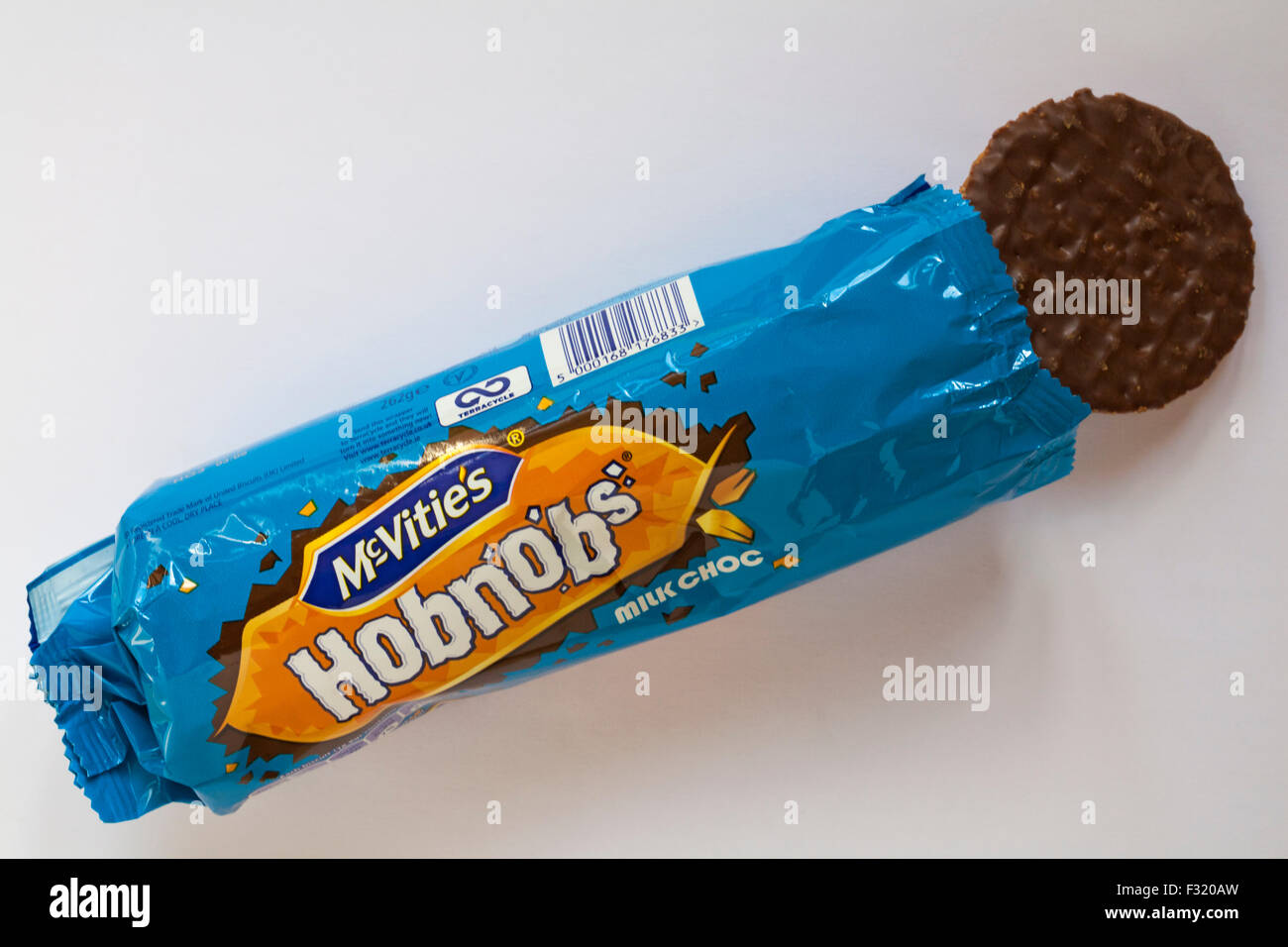 Opened packet of McVitie's Hobnobs milk choc biscuits, milk chocolate