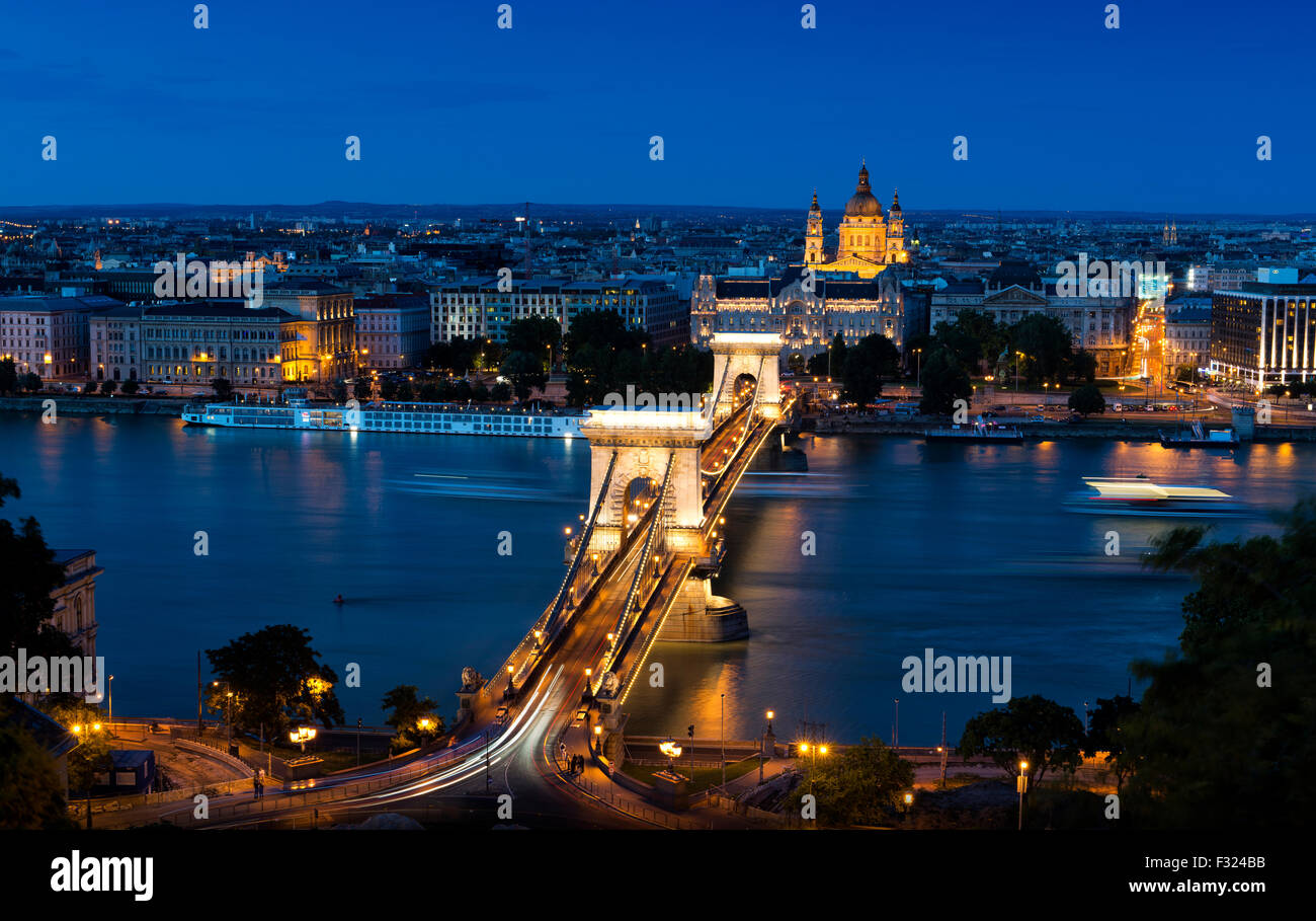 Dusk shot from Royal Palace of Szechenyi chain bridge, River Danube, Budapest, Hungary Stock Photo