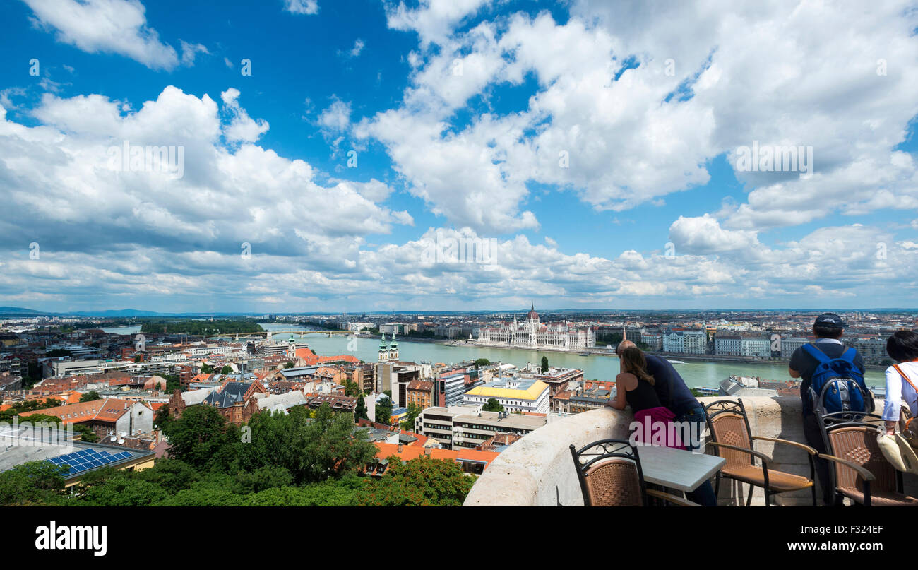 View from Fishermans Bastion, River Danube, Parliament buildings, Budapest, Hungary, Stock Photo