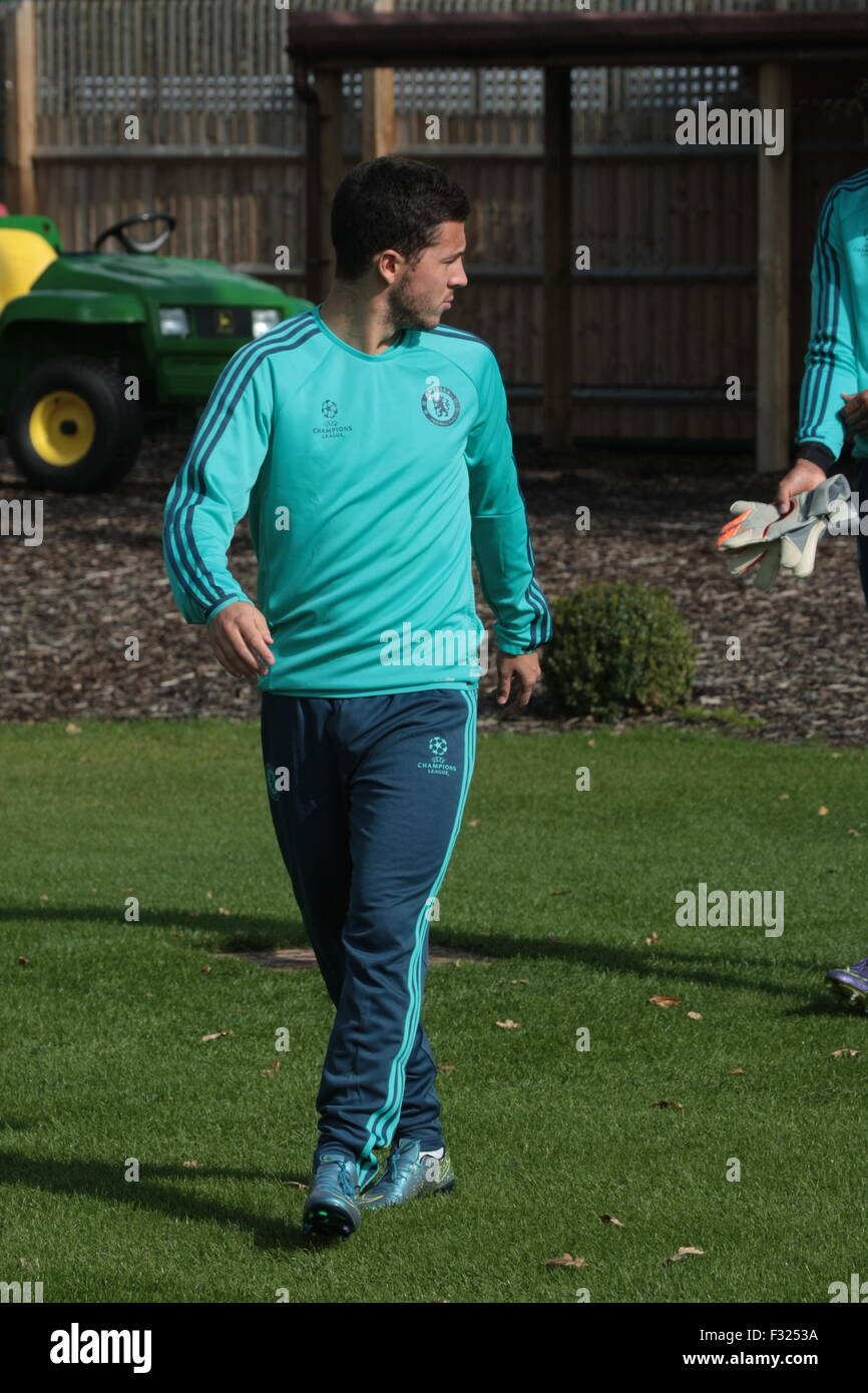 Cobham, Surrey, UK. 27th Sep, 2015. Eden Hazard enters the training pitch  as Chelsea Football Club