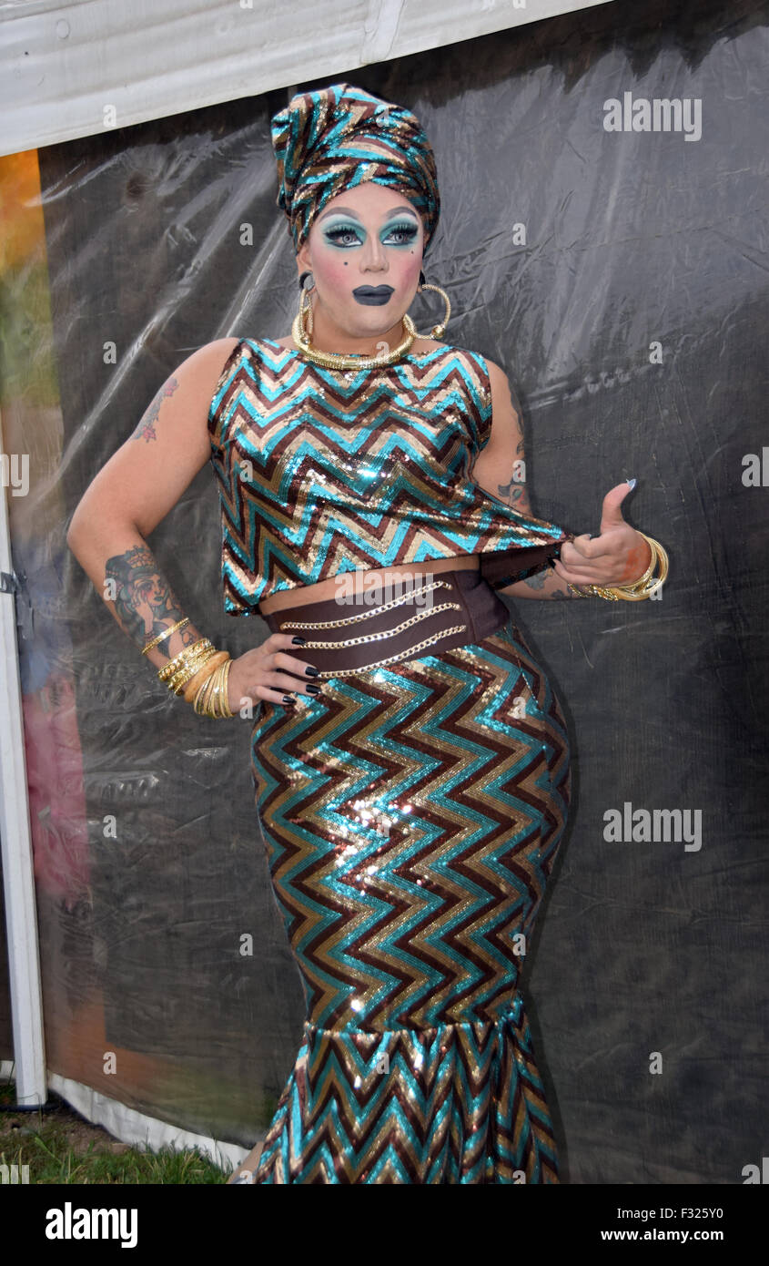 A man dressed in drag as a woman at Bushwig 2015 in Ridgewood, Brooklyn, New York. Stock Photo