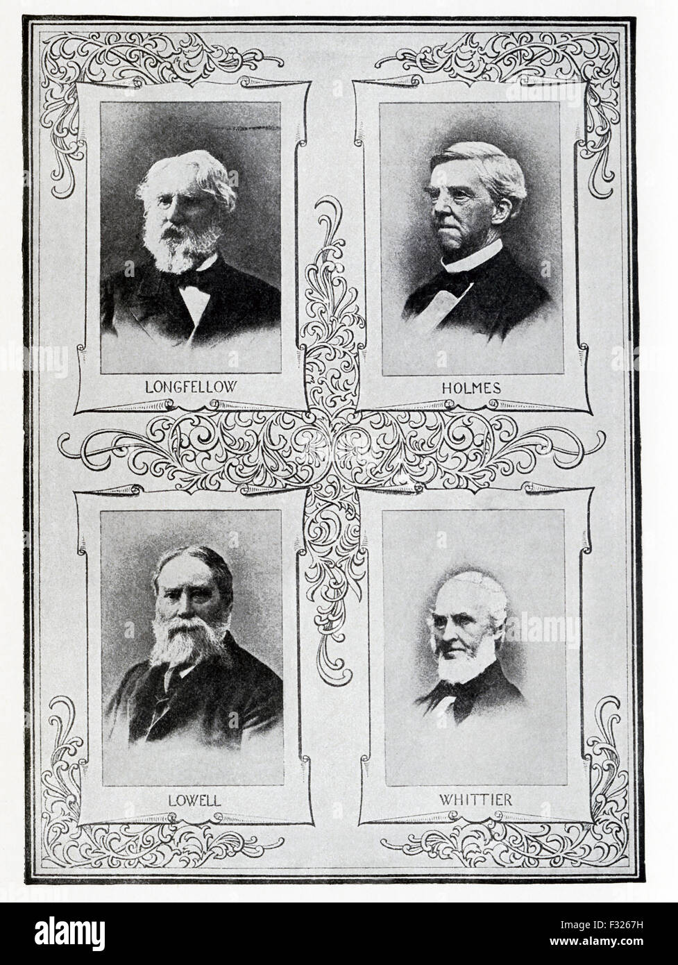 The American authors pictured here are from left to right, top to bottom: Henry Wadsworth Longfellow (1807-1882), Oliver Wendell Holmes (1809-1894), James Russell Lowell 1819-1891), John Greenleaf Whittier (1807-1892). Stock Photo