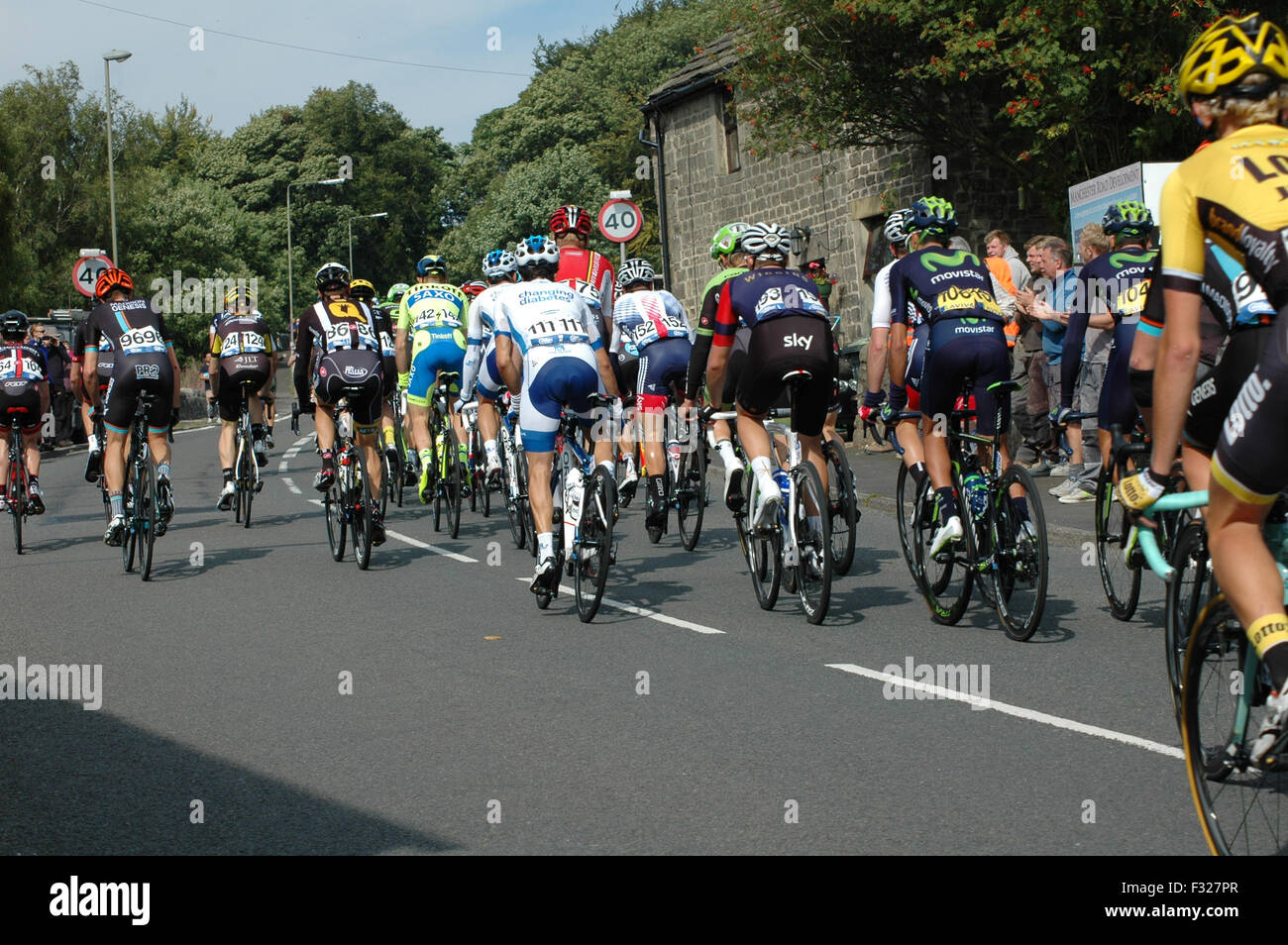 Cyclists in Tour of Britain in Buxton Stock Photo