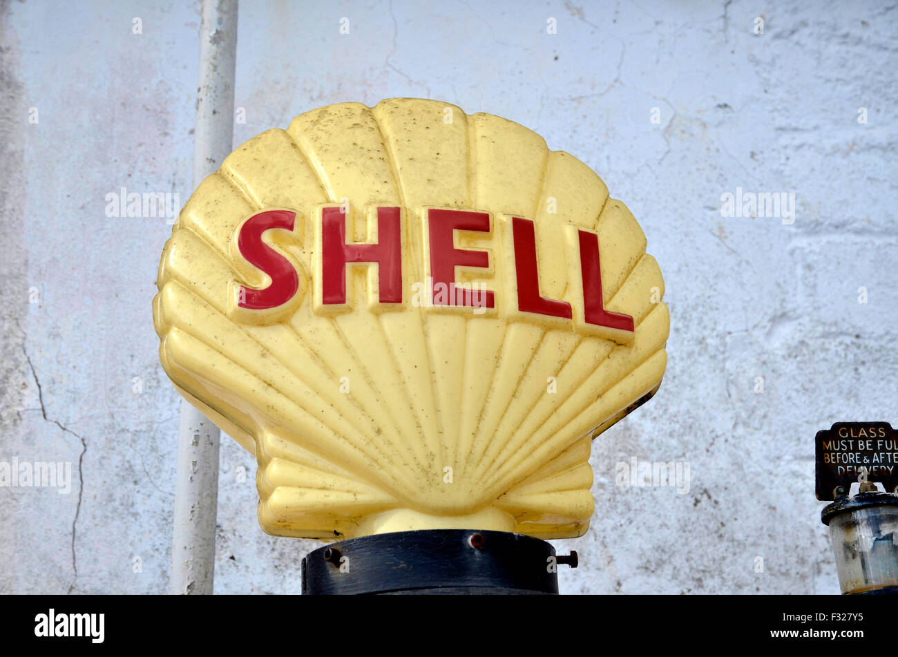 Vintage Shell petrol pumps on a forecourt in St. Mawes, Cornwall Stock