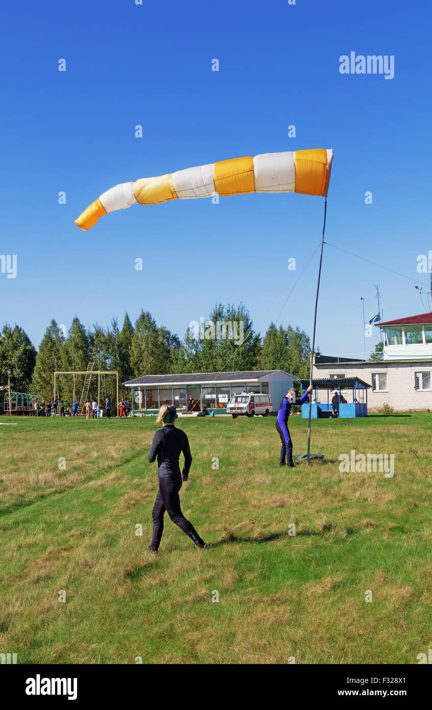 Parachutists 2014. Assembly of a conical textile tube ( windsock) for