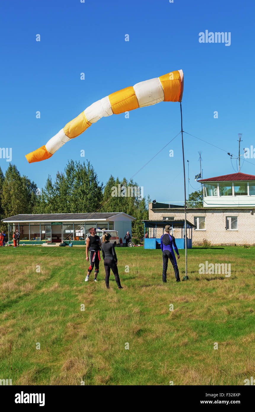 Parachutists 2014. Assembly of a conical textile tube ( windsock) for
