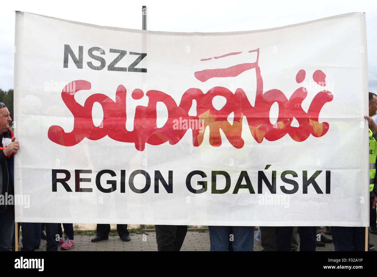 Gdansk, Poland 28th September 2015 Solidarity Union protest against the dismissal of workers in Deepwater Container Terminal in Gdansk. Protesters blocked the only road to the terminal for over an hour. Credit:  Michal Fludra/Alamy Live News Stock Photo