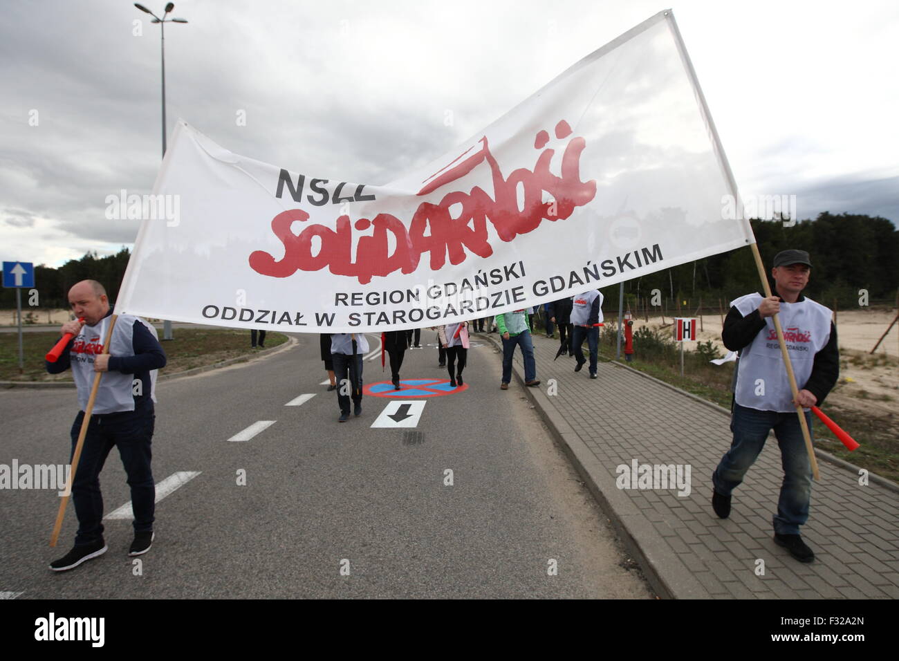 Gdansk, Poland 28th September 2015 Solidarity Union protest against the firing of workers in Deepwater Container Terminal in Gdansk. Protesters blocked the only road to the terminal for over an hour. Credit:  Michal Fludra/Alamy Live News Stock Photo