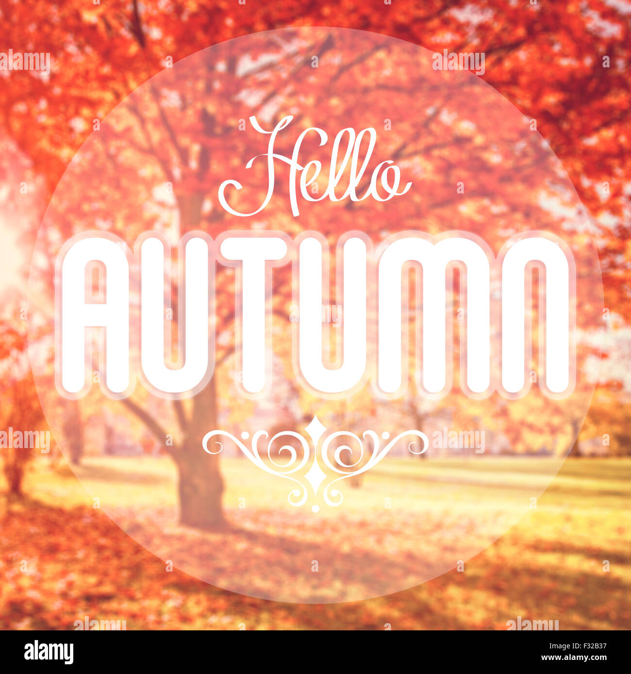 Out og focus autumn background with Hello Autumn text Stock Photo - Alamy