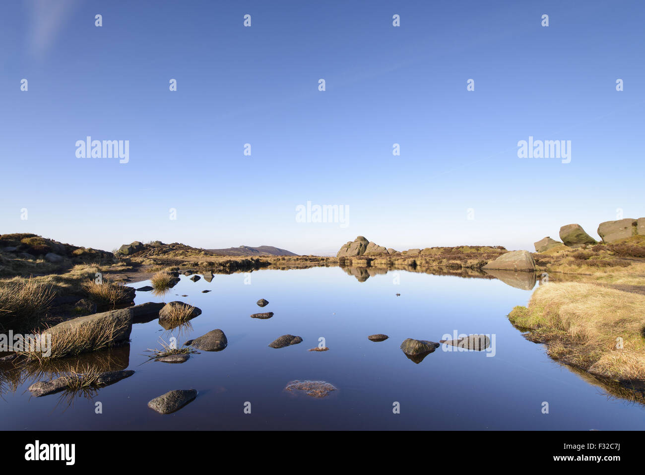 View of pool on gritstone escarpment, Doxey Pool, Roaches Estate, North Staffordshire Moorlands, Peak District N.P., Staffordshire, England, February Stock Photo