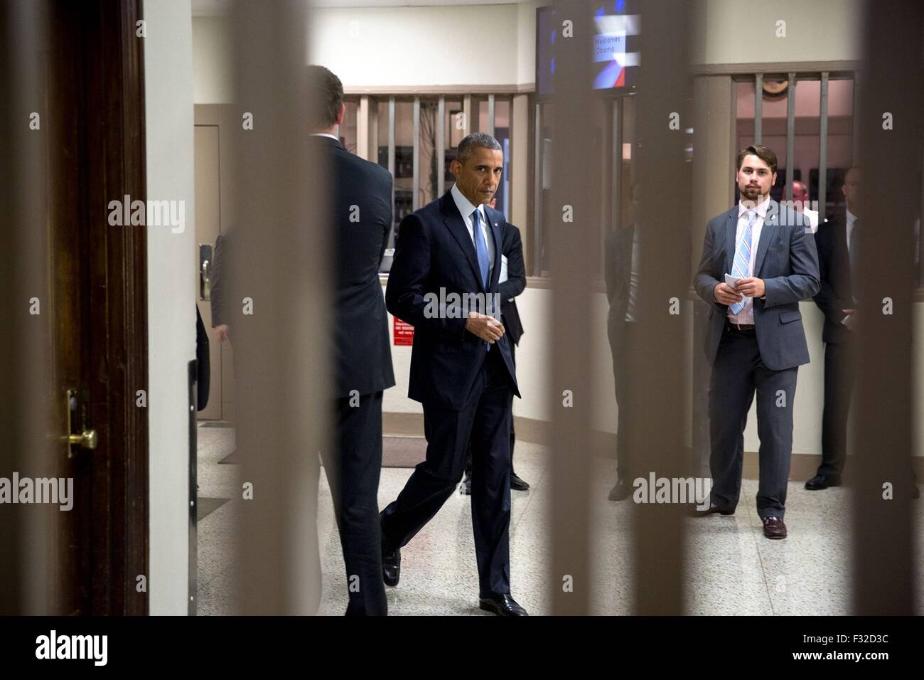 U.S. President Barack Obama tours the El Reno Federal Correctional Institution July 16, 2015 in El Reno, Oklahoma. Obama's trip was the first visit by a sitting President to a federal prison. Stock Photo