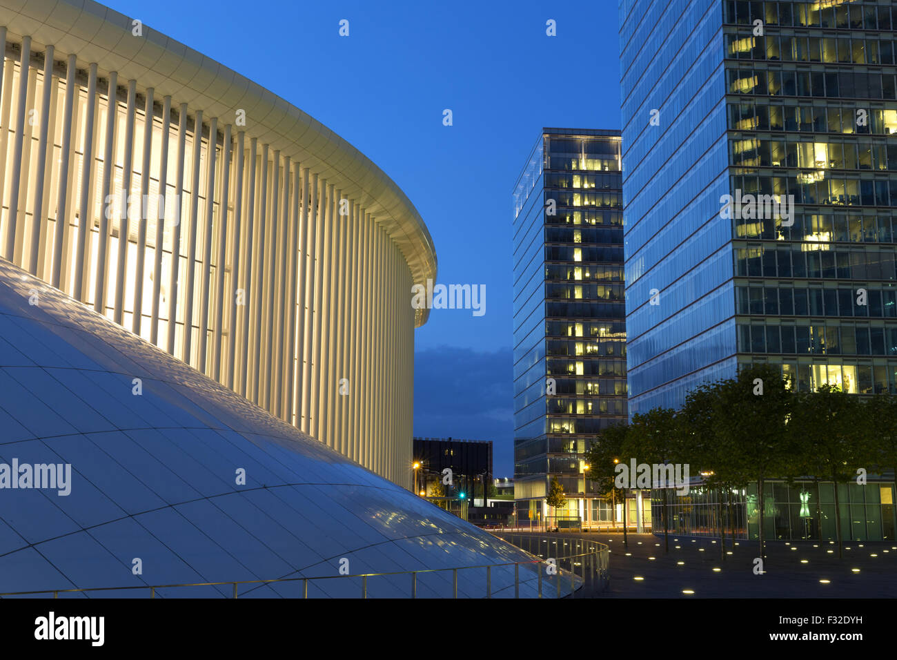 View of concert hall in city at night, Philharmonie Luxembourg