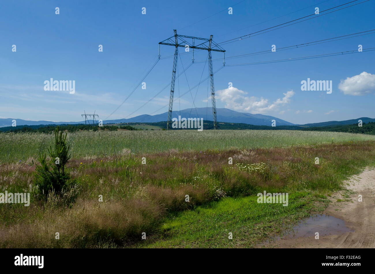 Electric power transmission line, Plana mountain, Bulgaria Stock Photo