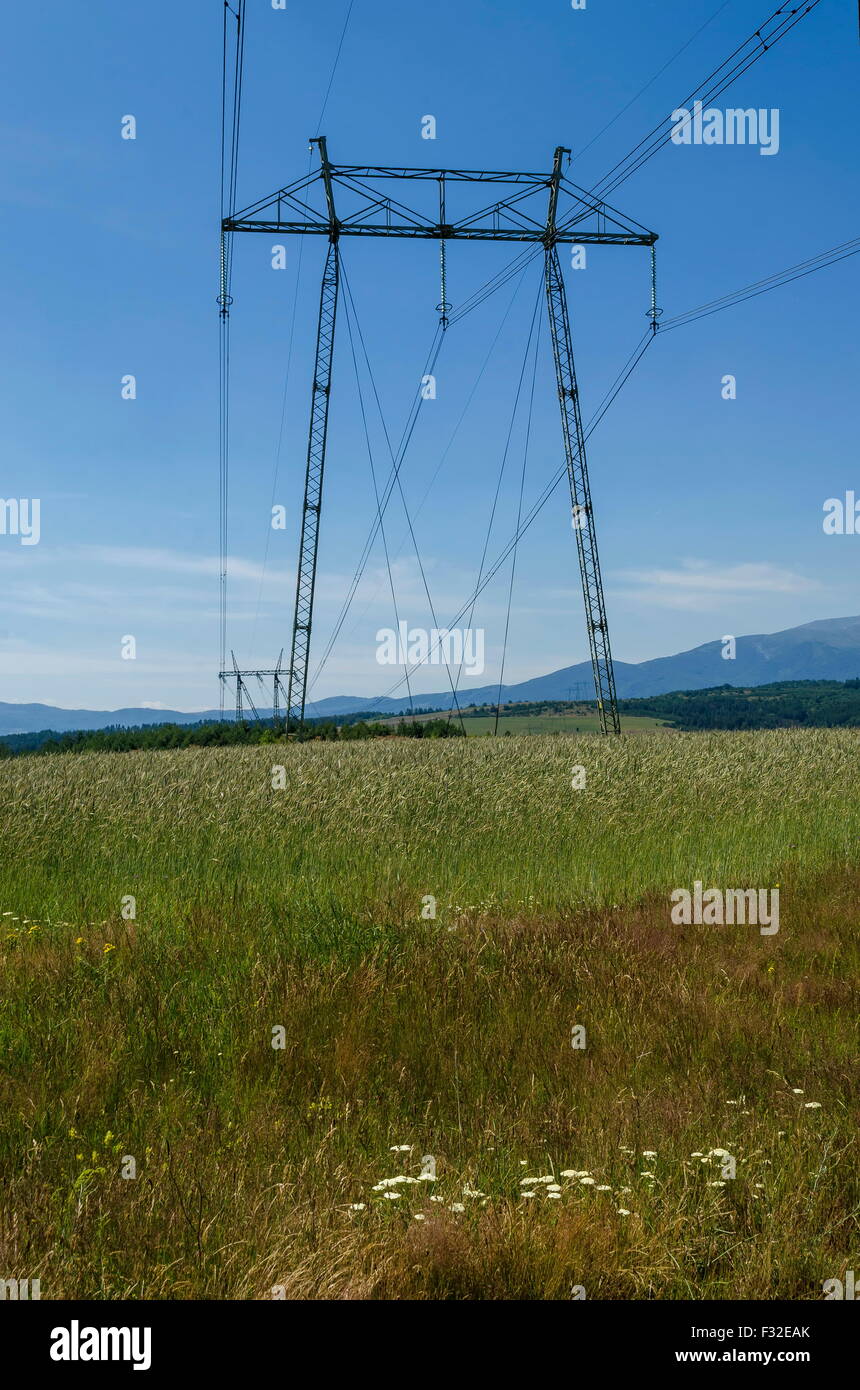 Electric power transmission line, Plana mountain, Bulgaria Stock Photo