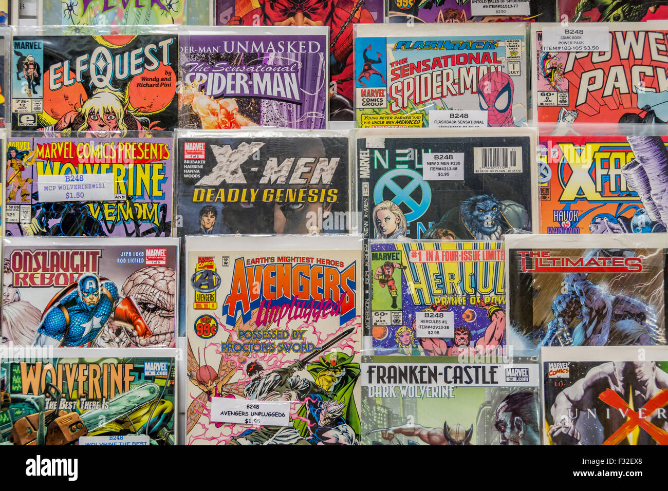 Rack of comic books for sale at a flea market Stock Photo