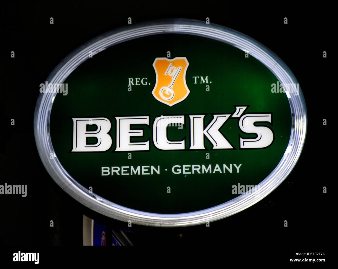 Leuchtreklame fuer 'Becks', November 2013, Berlin. Stock Photo