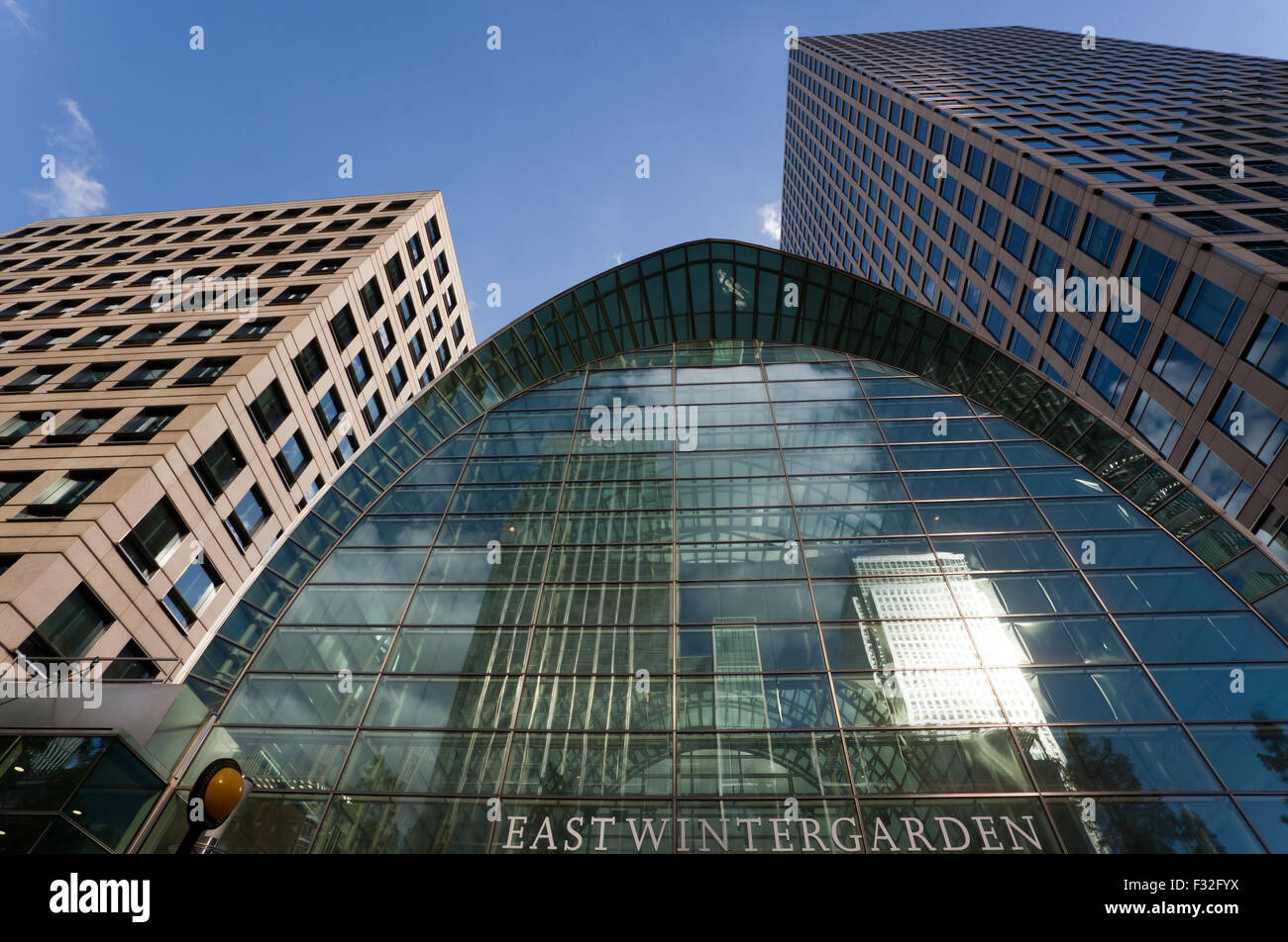 Wide-Angle view looking up at the front of the East Wintergarden, 43 Bank Street, Canary Wharf, London. Stock Photo