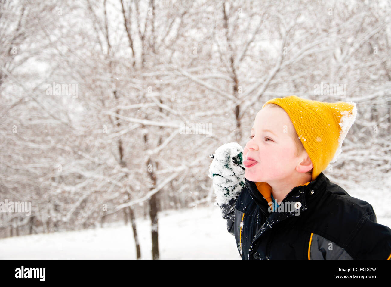 Boy sticking out tongue winter landscape Stock Photo