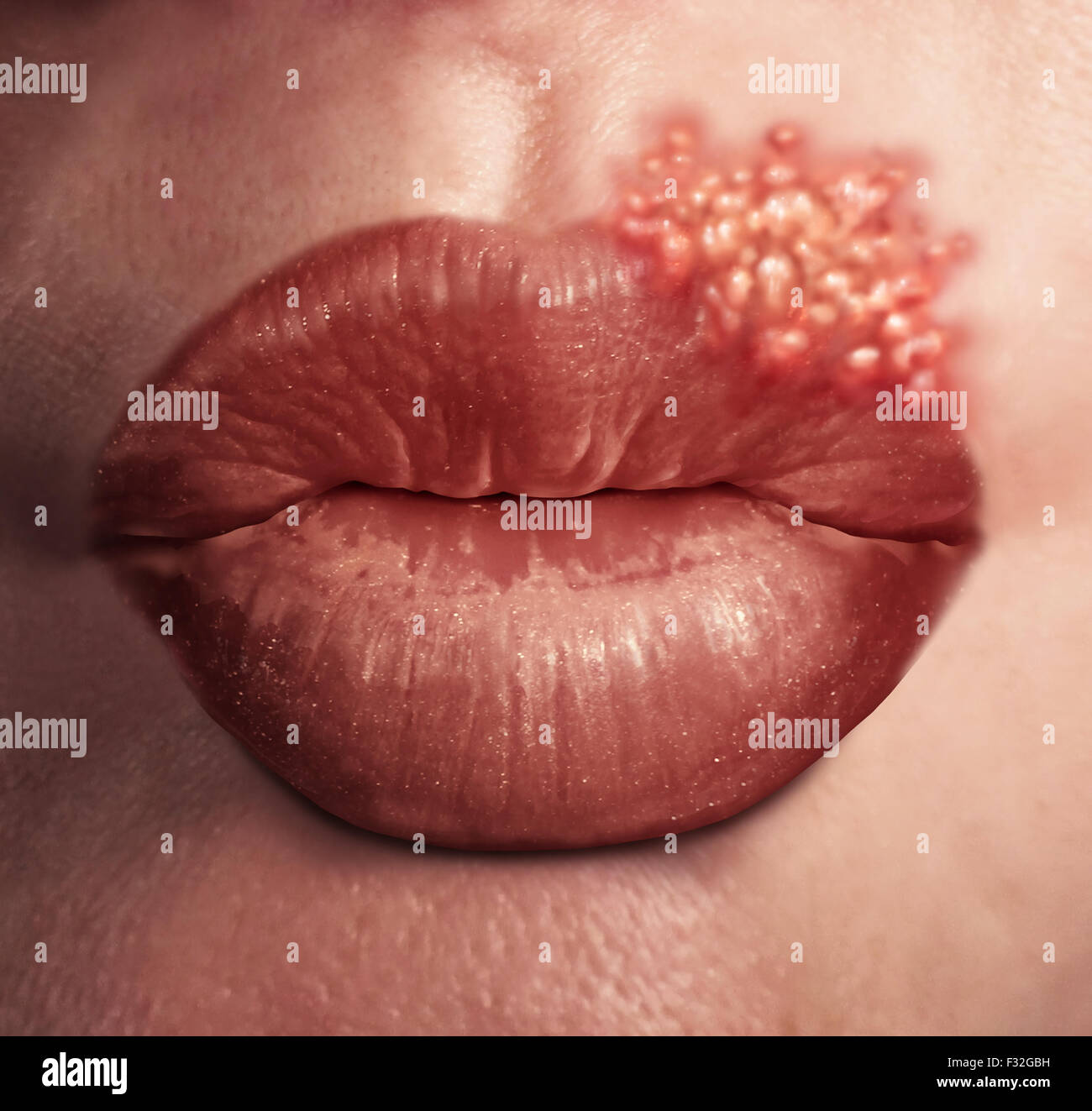 Cold sore herpes virus medical health concept as human lips with an outbreak of swollen fever blisters as an infection on skin. Stock Photo