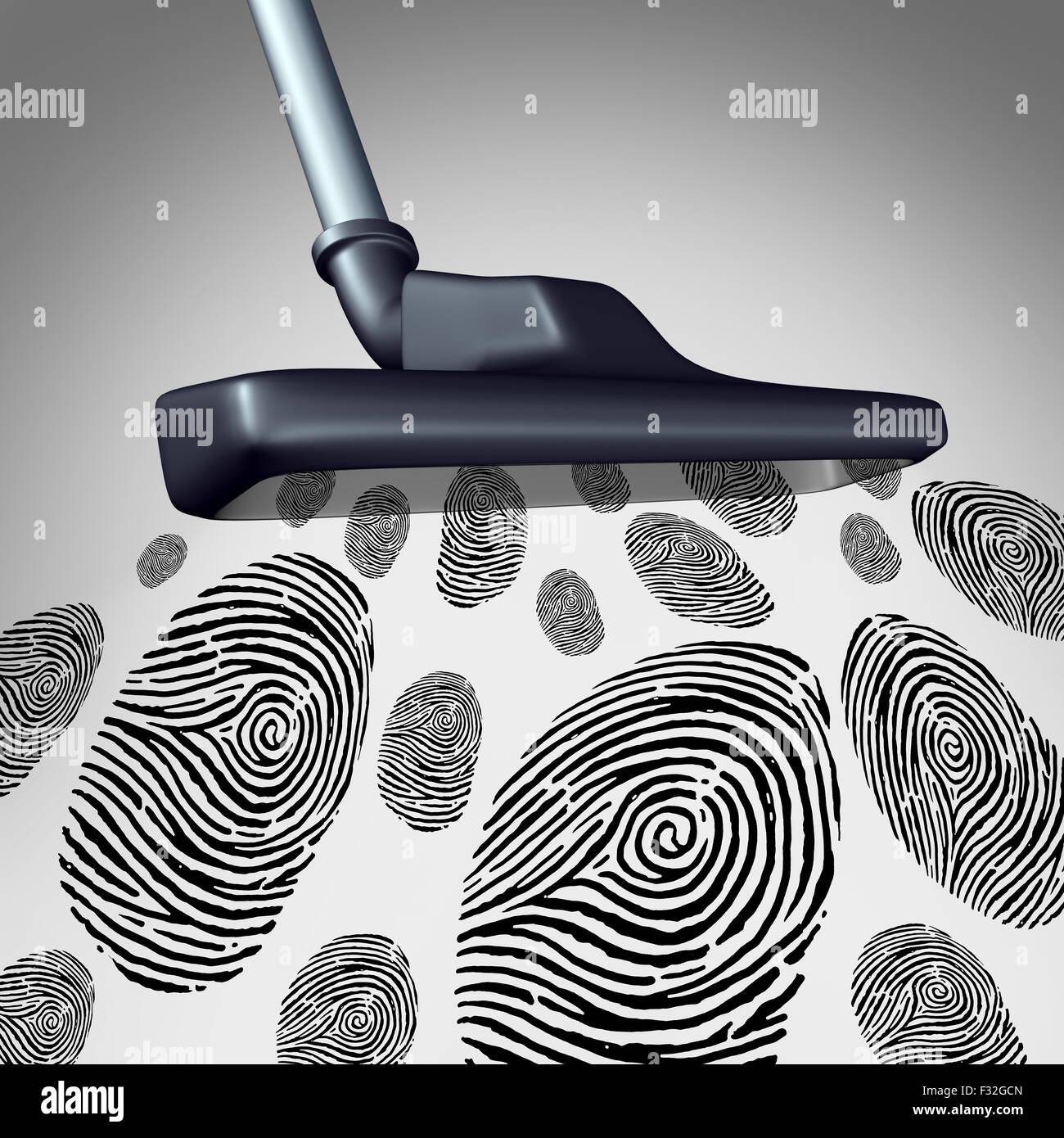 Collecting customer identity and individual data mining concept as a symbol of gathering personal information as a vacuum cleaner sucking and retrieving a group of finger prints or fingerprint as a security technology metaphor. Stock Photo