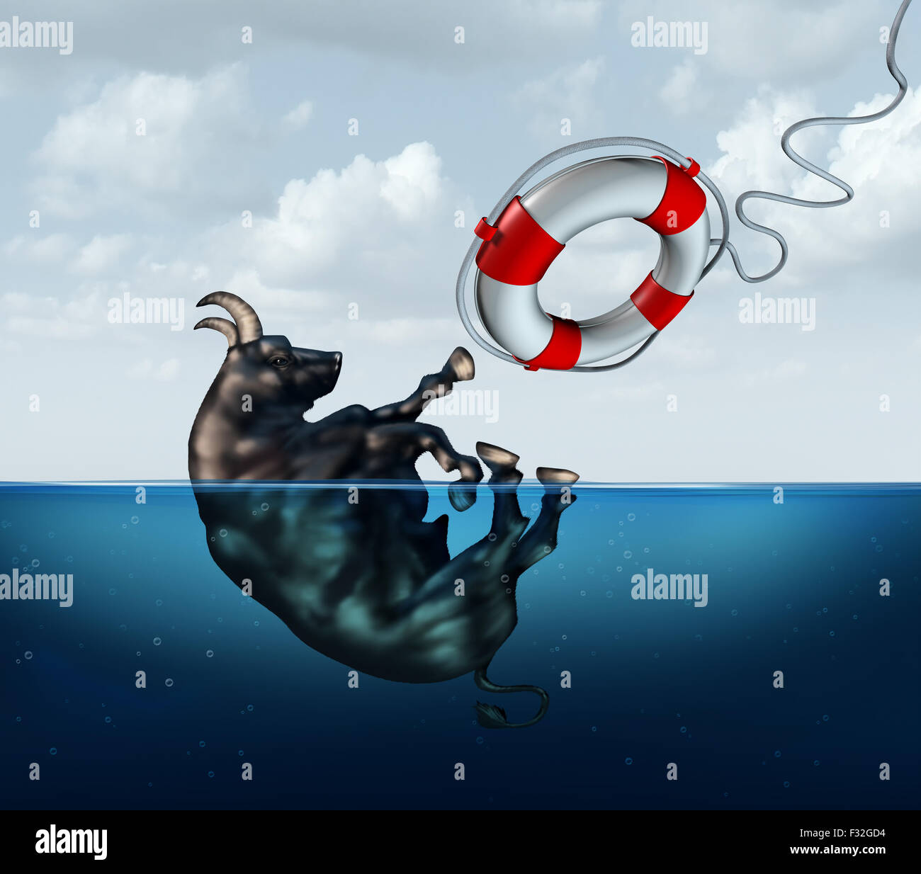 Saving the bull market business concept or financial investment safety metaphor as a bull drowning in water with a lifesaver coming to the assistance of the stressed financial icon as a stock market crisis icon. Stock Photo