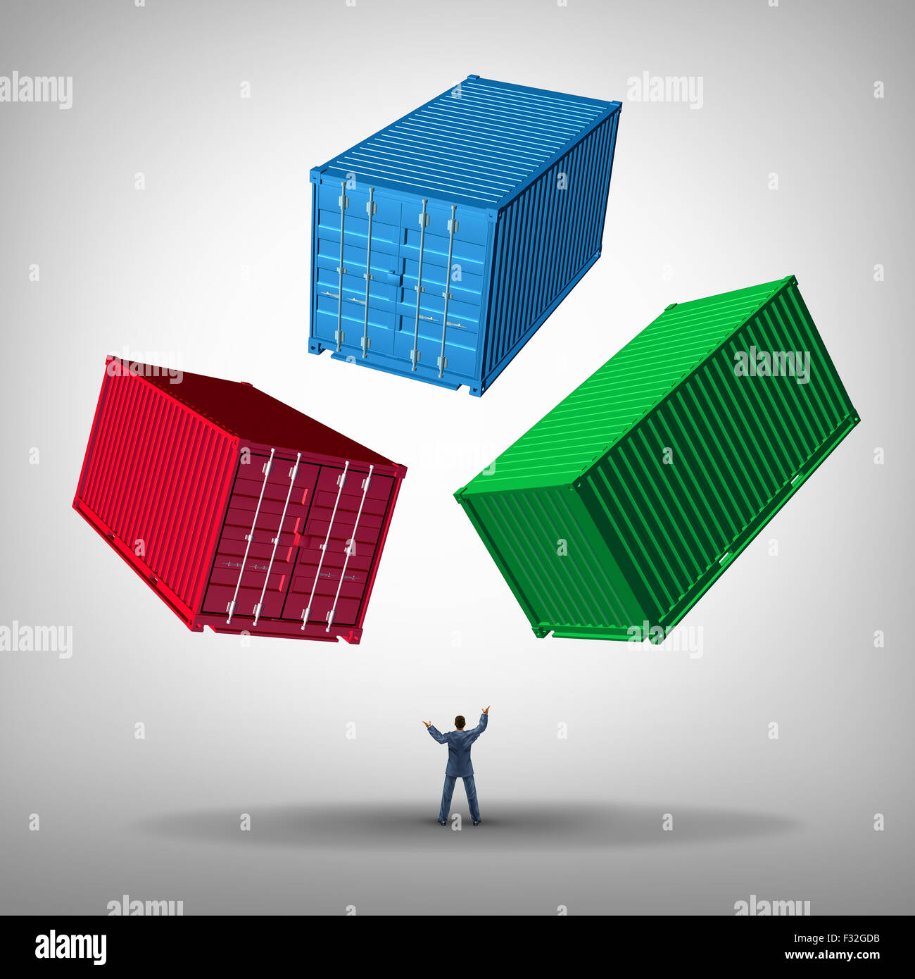 Freight cargo management concept as a businessman or shipping manager juggling heavy metal train containers as a business logistics managing icon. Stock Photo