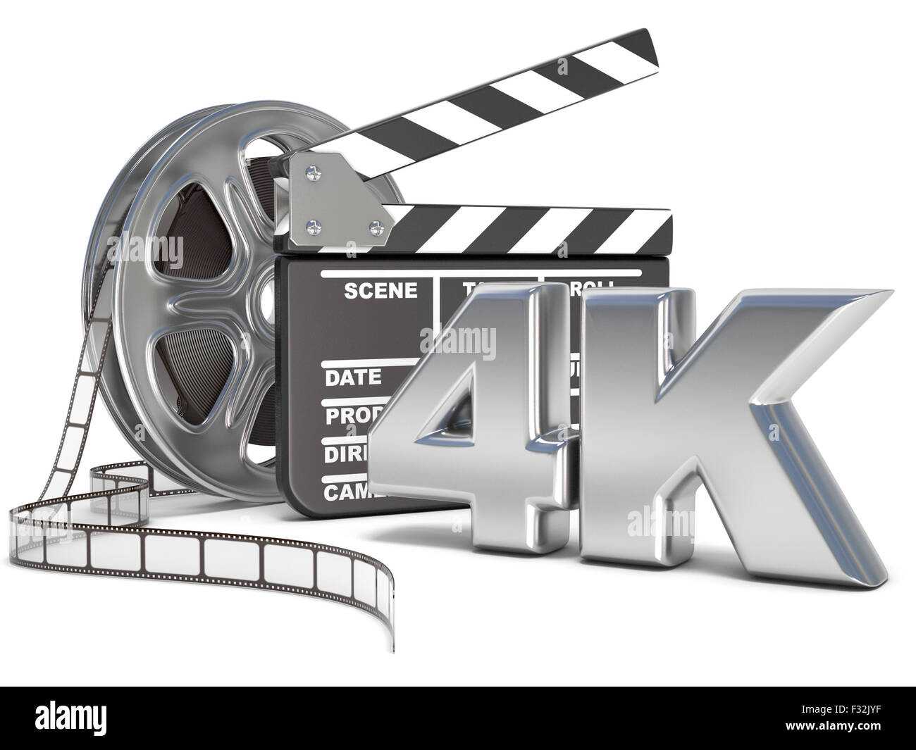 Film reels and movie clapper board. 4K video icon. 3D render illustration isolated on white background Stock Photo