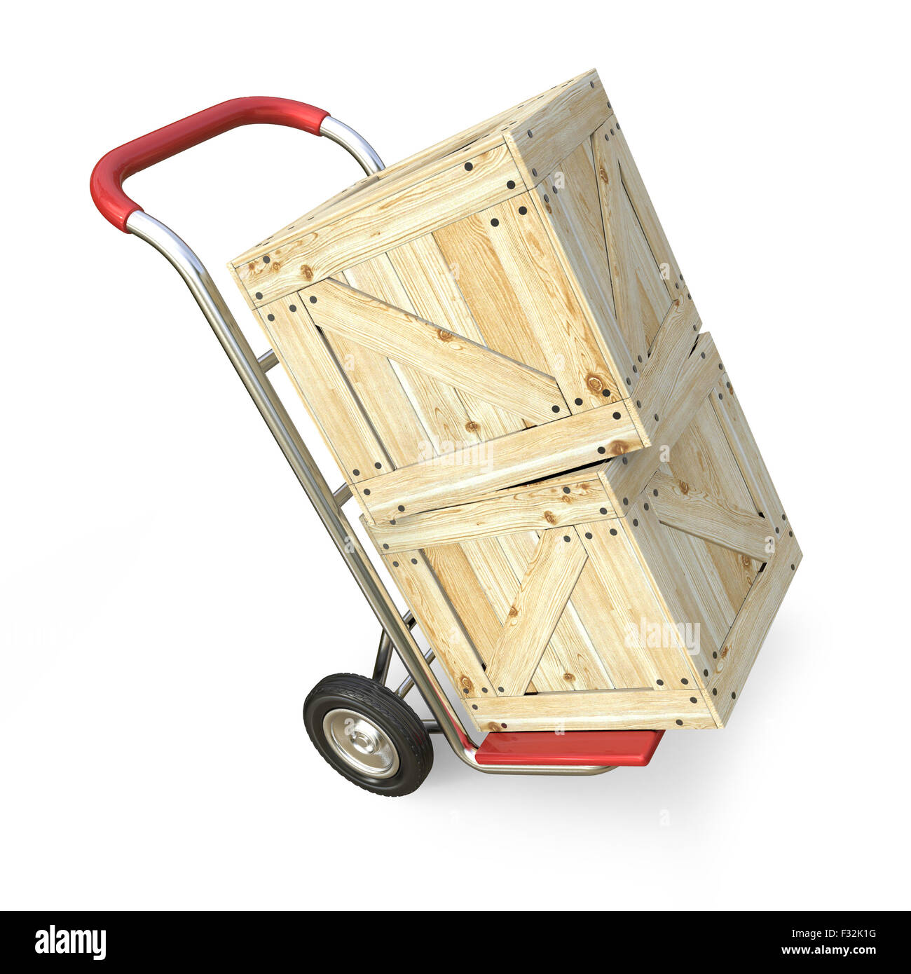 Hand truck with wooden box. Delivery concept. 3D render illustration isolated on white background Stock Photo