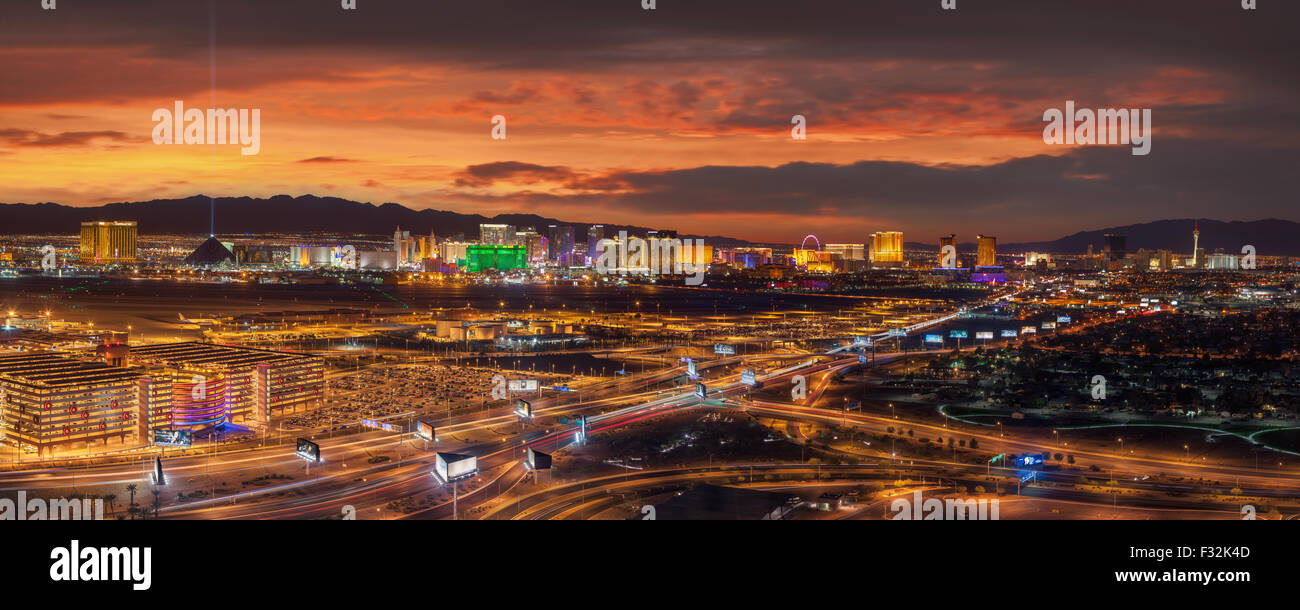 Las Vegas Skyline at night, panoramic view of the Las Vegas Strip. Stock Photo