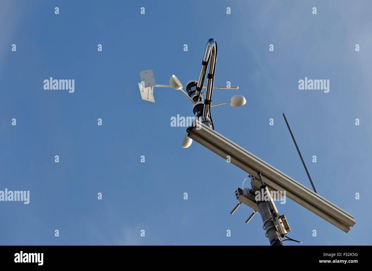 Anemometer and wind vane on blue sky Stock Photo