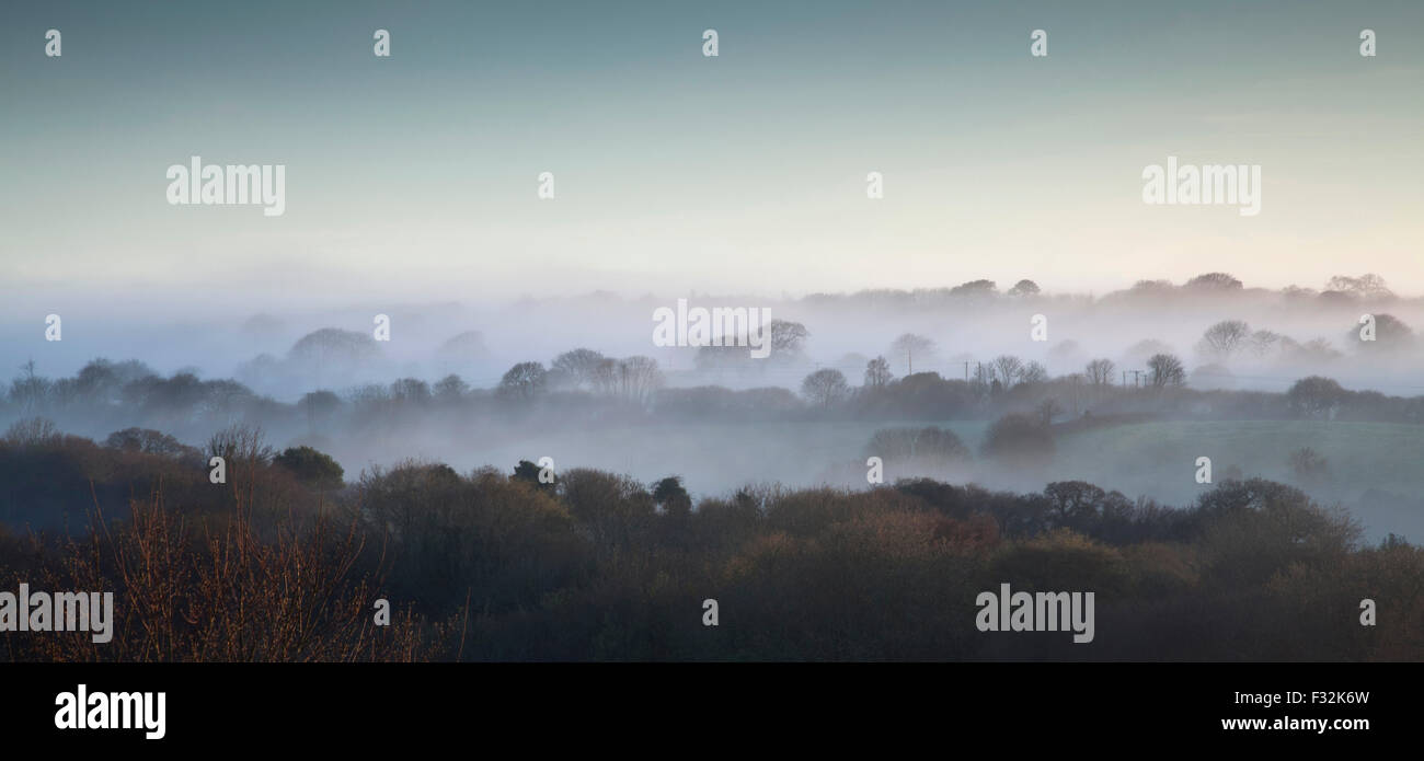 morning mist over the countryside of Penryn, Cornwall, UK Stock Photo