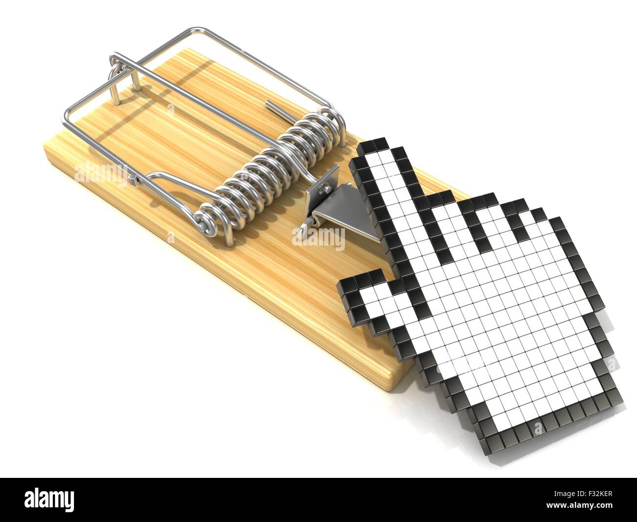 Hand cursor symbol in wooden mousetrap. 3D rendering illustration, isolated on white background. Stock Photo