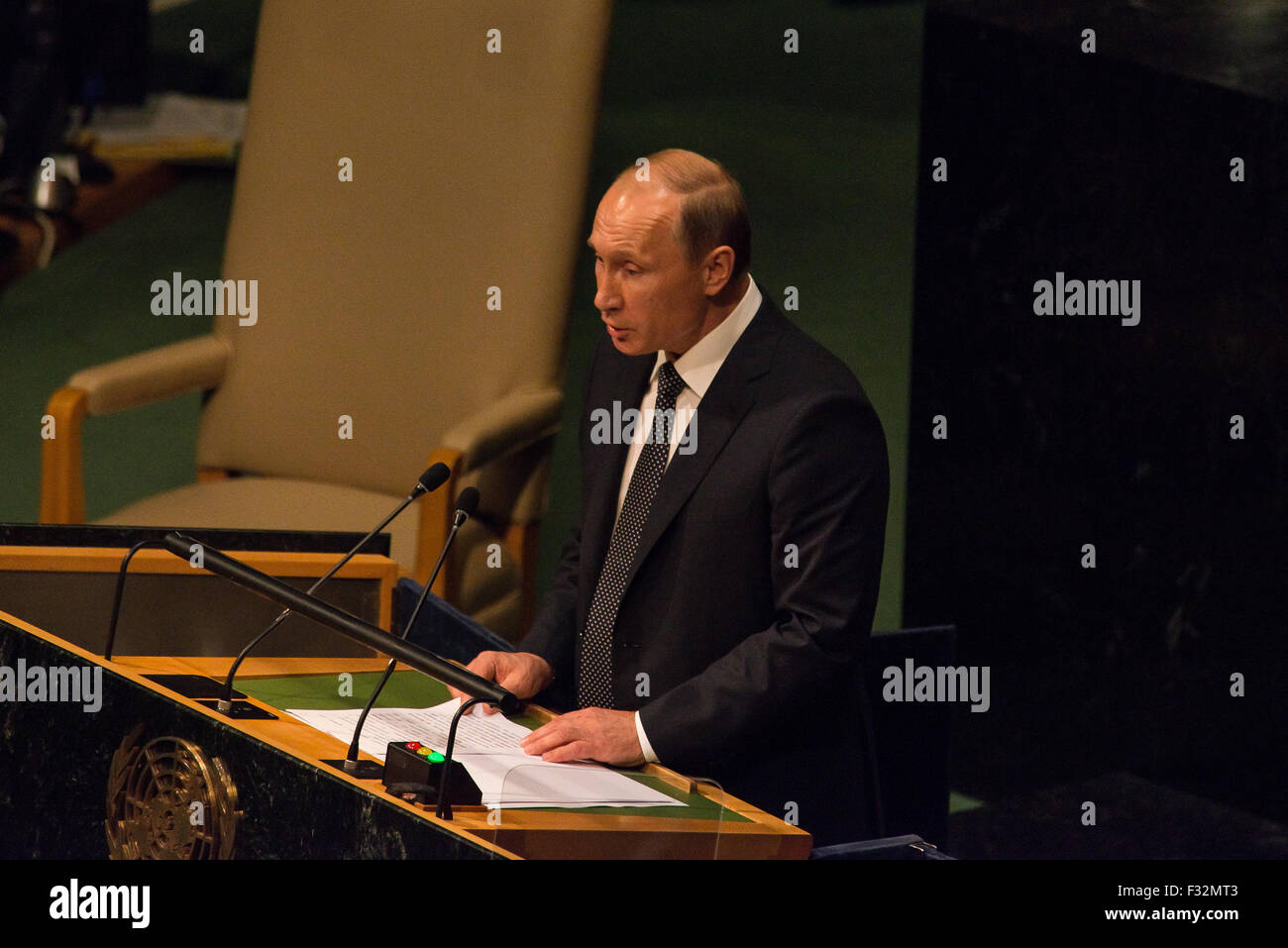 New York, United States. 28th Sep, 2015. President Putin speaks to the assembled delegates on the 13th Plenary Session of the United Nations General Assembly. Credit:  Albin Lohr-Jones/Pacific Press/Alamy Live News Stock Photo