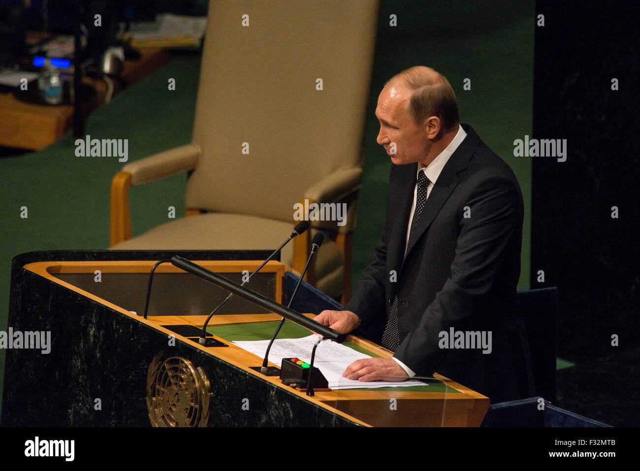 New York, United States. 28th Sep, 2015. President Putin speaks to the assembled delegates on the 13th Plenary Session of the United Nations General Assembly. Credit:  Albin Lohr-Jones/Pacific Press/Alamy Live News Stock Photo