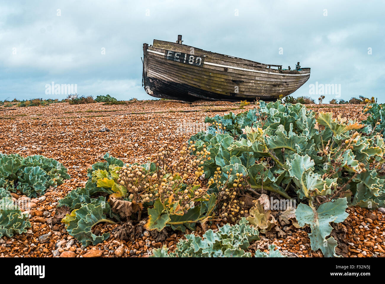 Abandoned fishing boat left to rot and decay on the beach at Dungeness ...