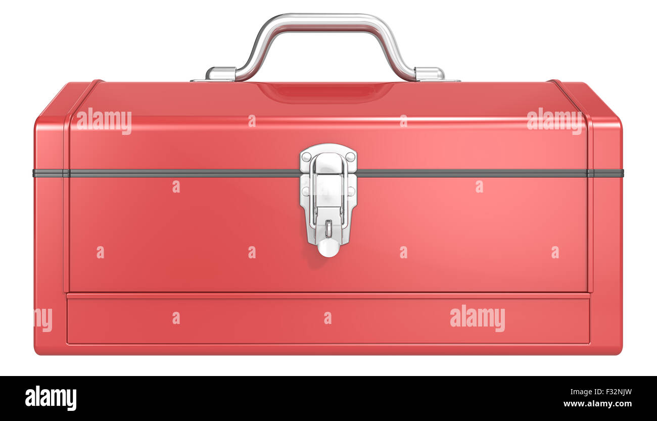 Classic red metal Toolbox. Front view. Isolated. Stock Photo