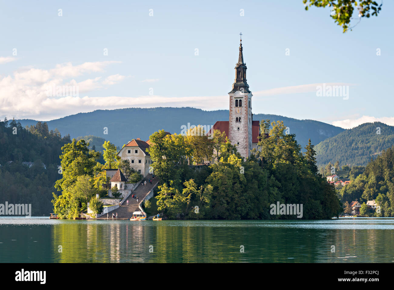 Island on lake Bled, autumn time Stock Photo