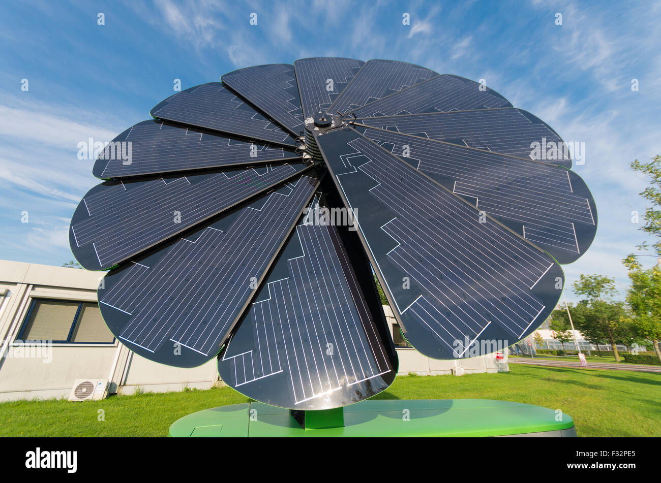 GRONINGEN, NETHERLANDS - AUGUST 22, 2015: Smart flower foldable solar collector on the groningen university area. The smart flow Stock Photo
