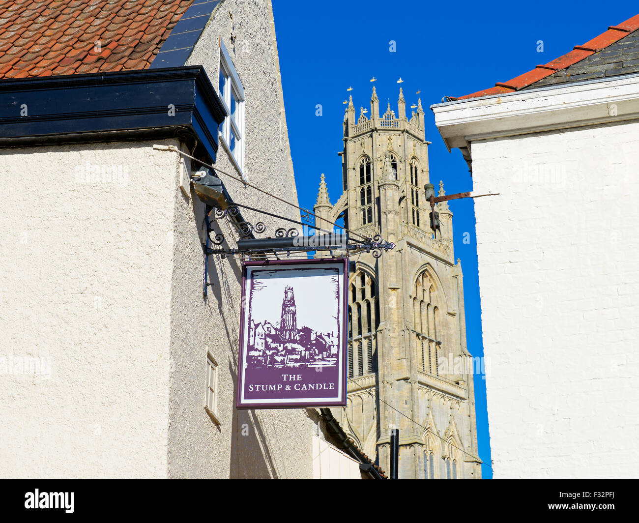 Sign for pub, the Stump and Candle, and St Botolph's Church, Boston