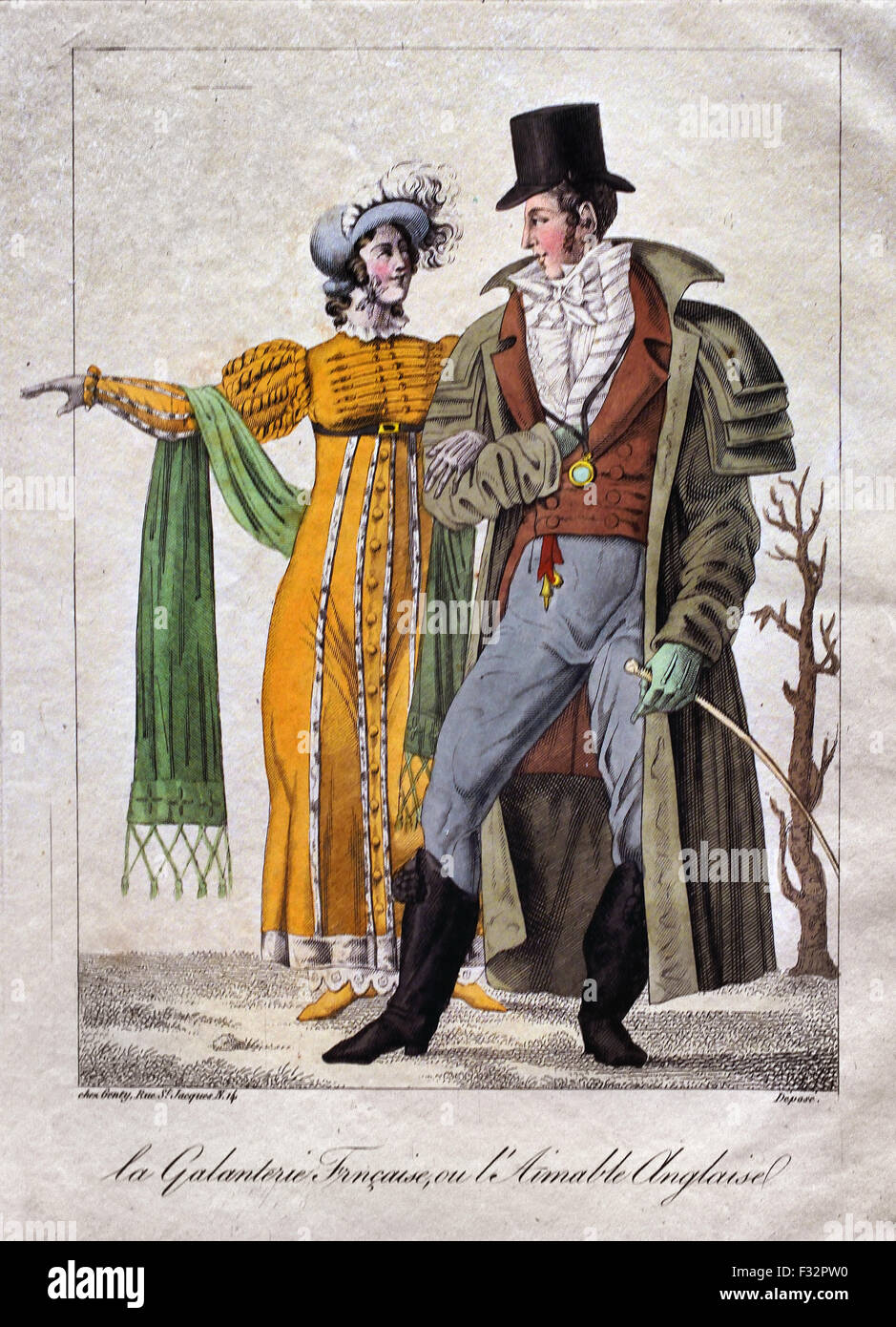 French courtesy, or the lovely English, anonymously, Genty, ca. 1810 - ca.  1812 ( Paris London France England Fashion Couture ) etching and engraving,  hand-colored Stock Photo - Alamy