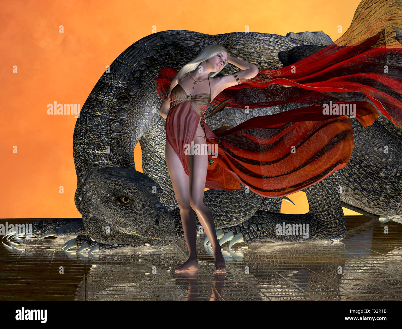 A dragon remains at the side of a fairy in a red dress to protect her from any enemies. Stock Photo