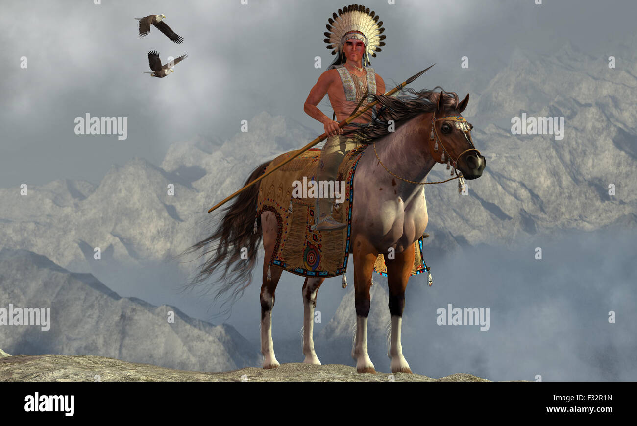 Two Bald Eagles fly near an American Indian with his paint horse on a tall cliff in a mountainous area. Stock Photo
